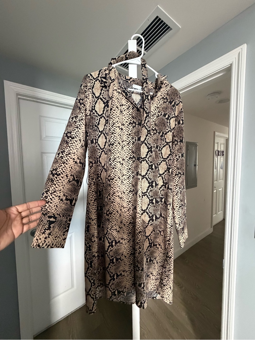 Snake Print Long Sleeve Tunic Dress - Neutral Tones
